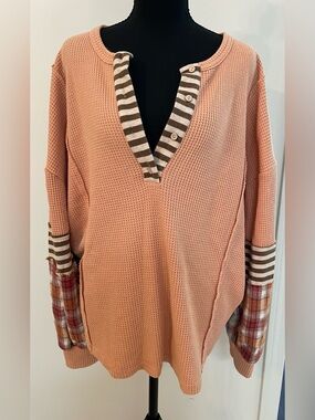 Easel Orange/Salmon Waffle-Knit Boho Festival Patchwork Henley Plaid Sleeves, L